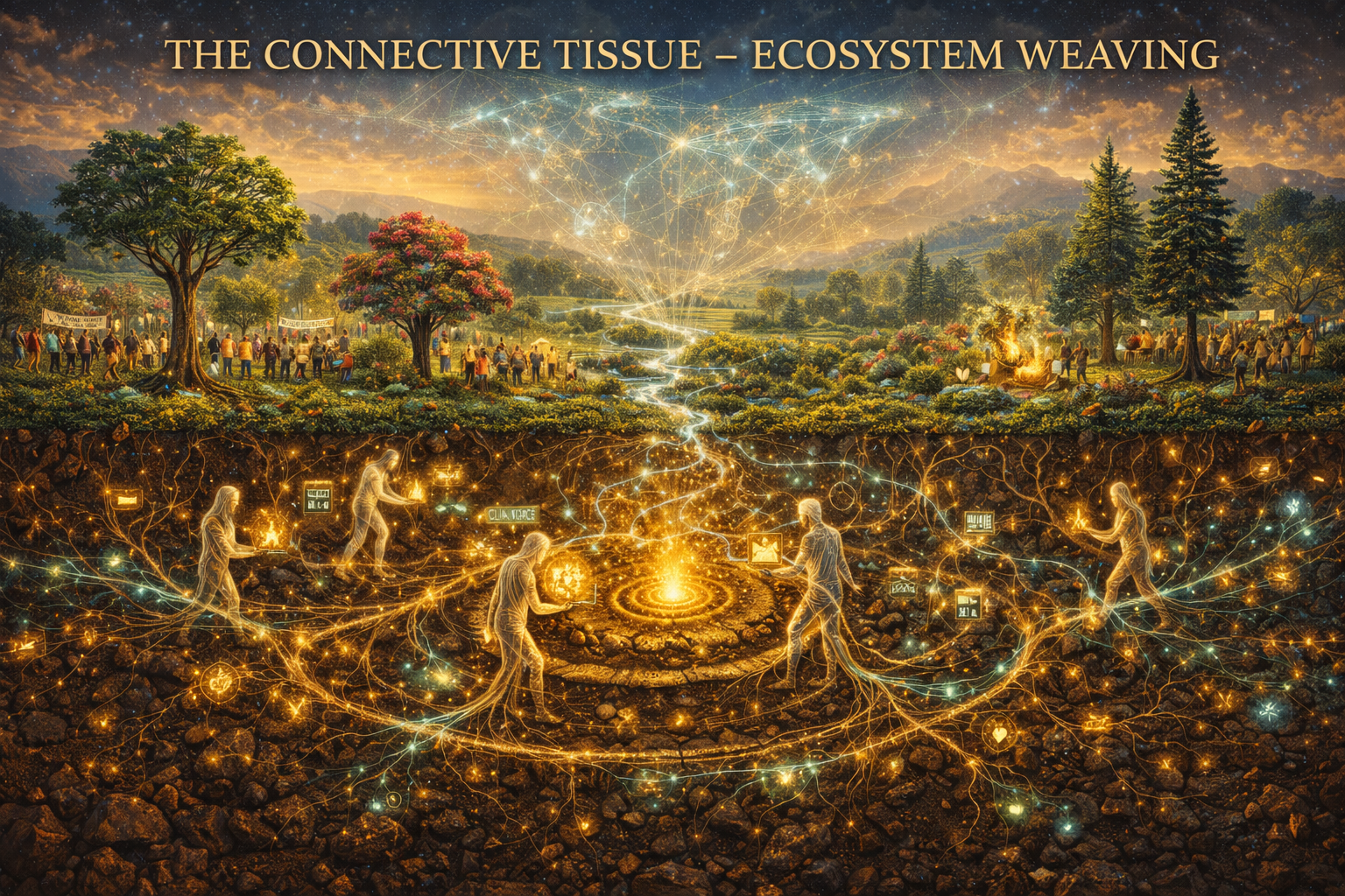 The Connective Tissue - Ecosystem Weaving: Mycelial network connecting diverse movements and communities