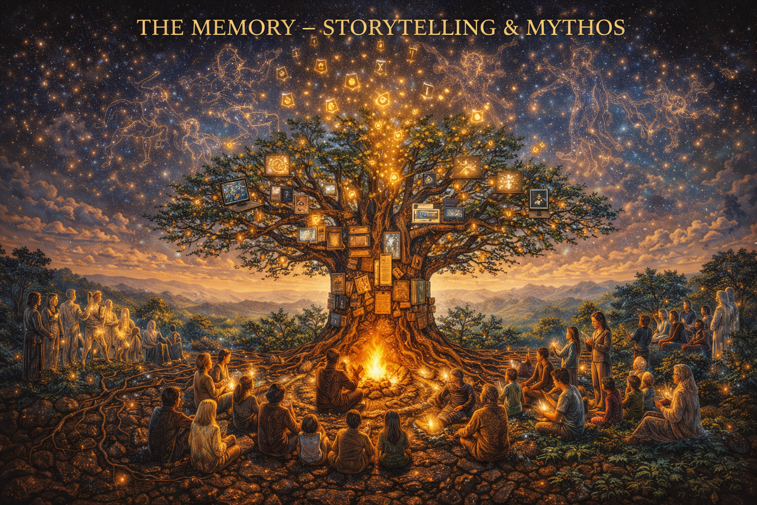 The Memory - Storytelling & Mythos: A great tree of stories with roots in ancestral memory and branches blooming with new narratives