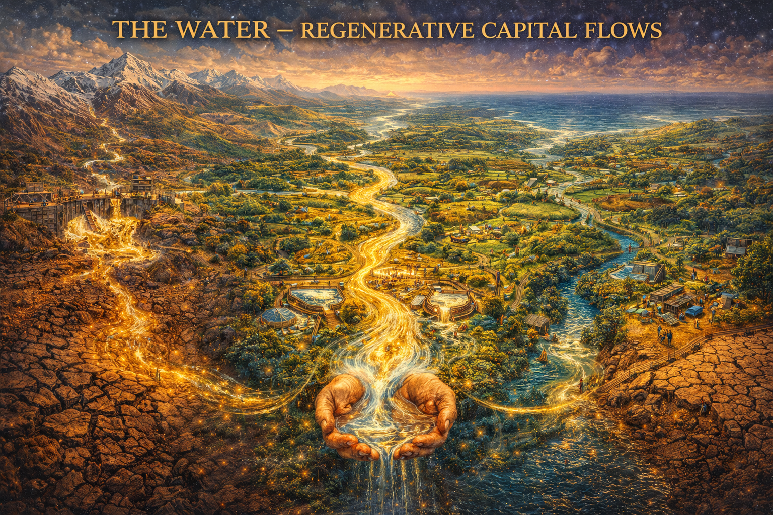 The Water - Regenerative Capital Flows: A watershed with golden water flowing to where life needs it most
