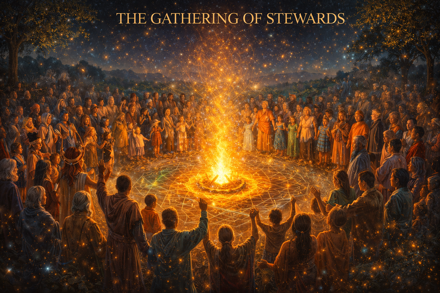 The Gathering of Stewards - Diverse people gathered in ceremony around a central fire, unified in coherent intention