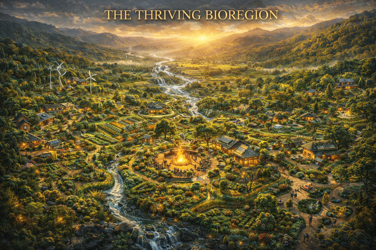 The Thriving Bioregion - A solarpunk vision of regenerative farms, eco-homes, and community spaces integrated with the natural landscape